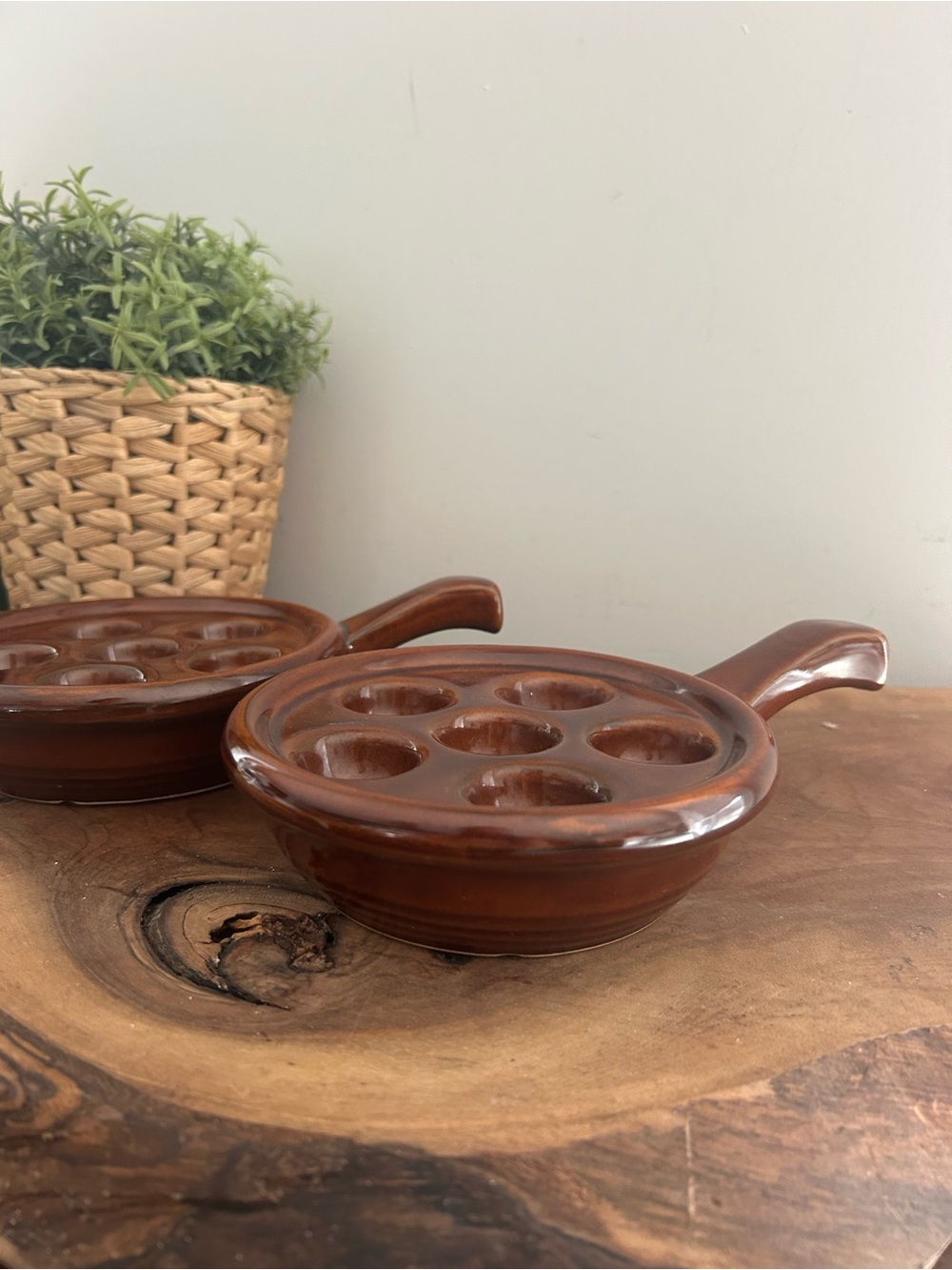 2 Vtg Escargot Snail Mushroom Brown Ceramic Glazed Baking Dishes French